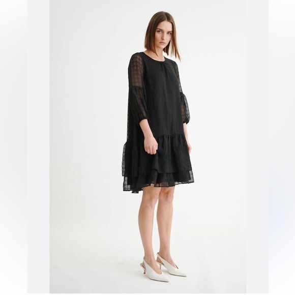 InWear Copenhagen Black Sheer Tiered Babydoll Dress, Balloon Sleeves, Size 4 - Picture 2 of 16